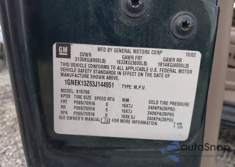 2003 Chevrolet Tahoe Lt z USA, uszkodzony, nr VIN 1GNEK13Z63J144951